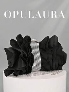 OpulAura 女士优雅迷人花瓣宴会手拿包，荷叶边设计，正式晚宴包，适合婚礼/度假/正式派对/盛会，配有链条肩带，花瓣形状随机 - 黑色 - 查看 10
