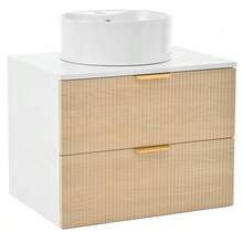 60cm Wall-Hung Bathroom Vanity Unit With Round Ceramic Sink, Drawer Fronts With Wood Look And Simple Stripe Design, High Quality MDF Board, Large Storage Capacity: 2 Drawers + Countertop. - 自然色 - 查看 11