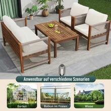 Lounge Set, Garden Furniture Set, With Comfortable Cushions, Seating Group, Patio Furniture Set, Double Sofa, 2 Armchairs And Table, Outdoor, Table And Chairs, Rattan Look, Acacia, Beige - Beige - View 7