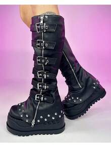 Black Metal Punk Combination Long Boots Cool Platform Height-Enhancing Knee-High Botines Zipper Buckle Leggings Botas - 黑色 - 查看 3