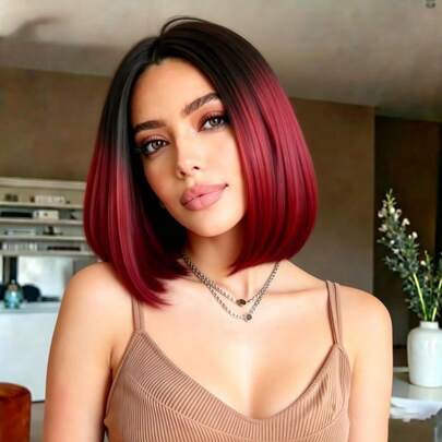 30cm Ombre Straight Bobo Wig, Heat Resistant Synthetic Fiber, Natural Middle Part Style, High Density Breathable Cap, Fluffy Natural Smooth Texture, Suitable For Halloween Cosplay, Fits All Women