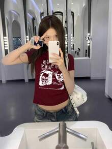 酒红色修身圆领短袖T恤，女士夏季美式性感独特百搭复古休闲上衣 - 酒紅色-1 - 查看 6