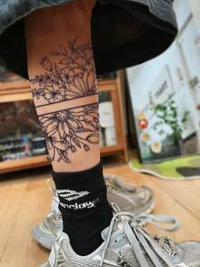 1pc Black Line Bouquet Arm Band Tattoo Sticker, Niche High-End Gentle Style Disposable Temporary Tattoo - Black - View 5