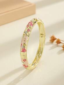 1pc Fashion New Style Gold Plated Exquisite Rhinestone Flower Pattern Enamel Cloisonne Bracelet Bangle Jewelry Gift For Girls Women, Pink - Pink - View 6