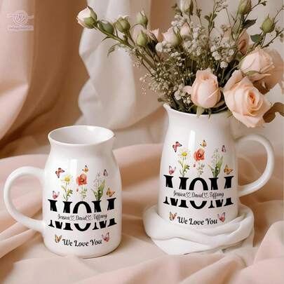 Personalized Birth Month Flower Vase - Customized Ceramic Flower Vase With Grandchild's Name, Home Decor Gift For Grandma