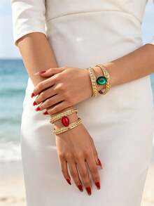 1 chiếc vòng tay kim loại kiểu Bohemian đính đá giả ngọc lam, thích hợp cho phụ nữ dự tiệc, đi chơi và đeo hàng ngày. - Vòng tay cổ điển - Xem 8