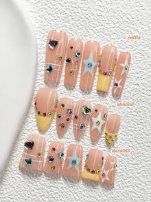 10Pcs Sweet And Edgy Girl Style Handmade Nail Art Set,Unghie Press On,Colorful Hearts And Star Shaped Rhinestones Nail Art Accessories,Stars, Lines Nail Art Decorations,Yellow And White Nail Polish,Fresh Summer Style,Comes With Nail Tools(1 Sheets Jelly Stickers+1PC Nail File)3 Sizes Available,Almond Nails, Duck Nails,Coffin Nails,Suitable For Reunion,Daily,Party,Photograph,Play,Spring Summer,Commute Supplies Nails - 彩色 - 查看 1
