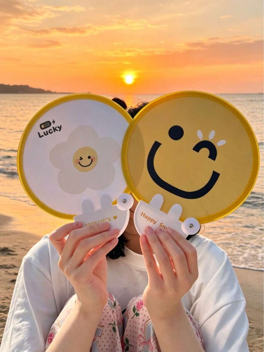 2支/套手持折叠扇，派对活动折叠手扇，带收纳袋，夏季派对礼物，迷你圆形便携式电风扇，两种款式，可爱设计，夏季户外降温配件，适合作为伴娘礼物、婚礼装饰