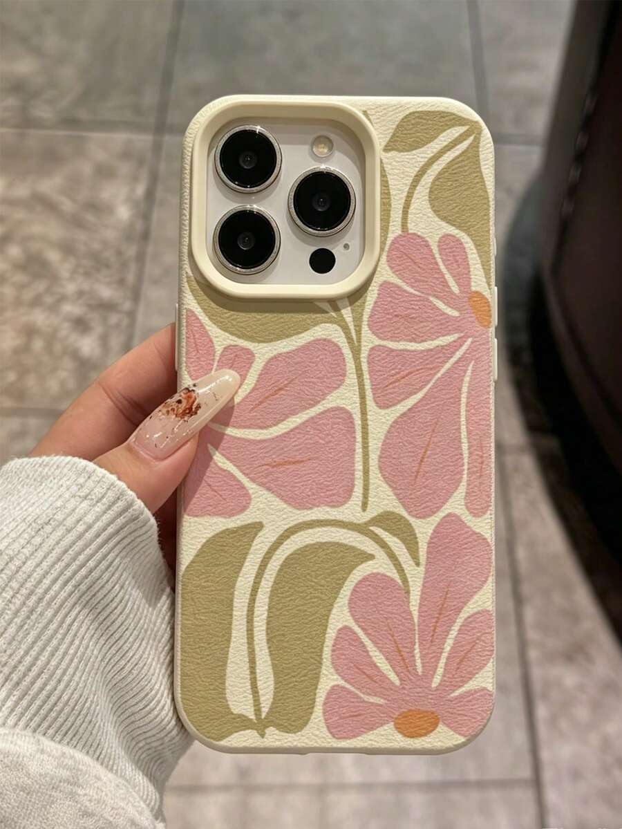 Ins Creative Pink Floral Beige Phone Case, Full Screen TPU Pattern Protective Shell, Shockproof High Aesthetic Outer Case, Suitable For IPhone 17/17Pro/17ProMax/16/16Pro/16ProMax/15/15Pro/15ProMax/14/14Pro/14ProMax/13/12/11, Popular Birthday Gift Business Gift Durable Anti-Stain Anti-Fingerprint New Unisex Phone Shell - Beige - View 1