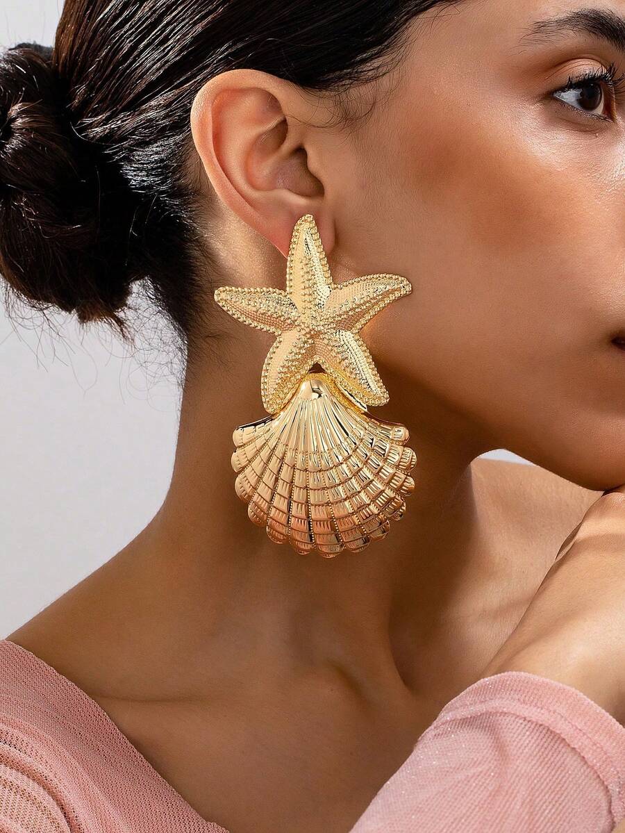 一对金属金色海星贝壳造型耳环，适合日常佩戴和度假装扮。 - 金黃色 - 查看 1