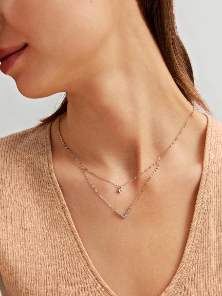 1 件女士闪亮双层 V 形堆叠吊坠项链，时尚个性化奢华风格简约精致颈链，适合日常佩戴和节日礼物 - 銀色 - 查看 1