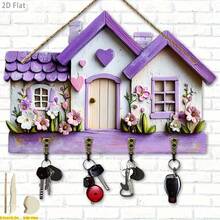 1pc 2D Flat, Warm Home Decor, Wooden Multi-Function Key Holder Rack (11.8 Inch X 9 Inch), With 4 Metal Hooks, Wall Decor, Entryway Decor, Room Decor, Villa Decor, Year-Round Home Decor - Violet Purple - View 4
