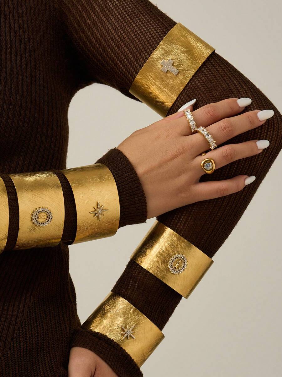 1 pieza Brazalete de acero inoxidable con circonita 5A, brazalete de aro abierto con cruz de oro 18K, joyería personalizada exagerada de estilo europeo y americano - Pulsera exagerada y única - Ver 1