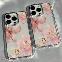 1pc Electroplated Metal Button Transparent Minimalist Personalized 4 Pink Orchid Pattern Phone Case, Suitable For IPhone 16 Pro Max, 17/16/15/14 Plus, 13/12/11, Air - Multicolor - View 5