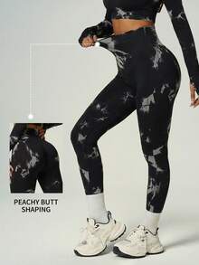 UONNOU Spring Tie Dye High Waist Yoga Leggings - Black and White - View 1