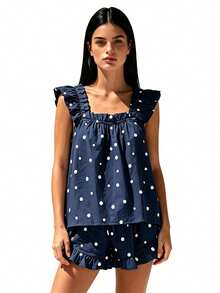 Women 2 Piece Pajamas Outfits Summer Dot Print Ruffled Trim Sleeveless Tank Tops and Shorts Set Sleepwear - Azul - Ver 3