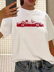 Camiseta Manga Corta con Estampado de Carreras, Estilo Retro Americano - Blanco - Ver 7