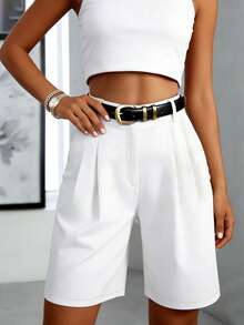 Women's Pleated Pocket Casual Midi Shorts White Summer - White - View 6