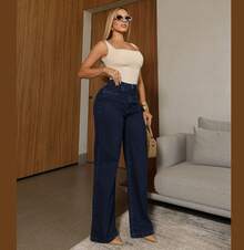 Women's Wide Leg Pants, 100% Cotton, Straight Leg, New Release, Dark Color - Dark Wash - View 6