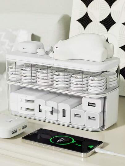 2-Layer White/2-Layer Cream Cable Management Box, Desktop Organizer For Charging Cables, Power Adapters, Cords