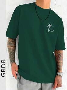 Camiseta de manga corta con cuello redondo y estampado de palmeras de moda para hombre GRDR, informal - Verde - Ver 5