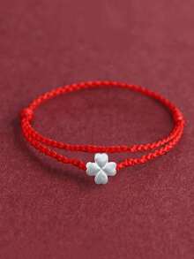 Vòng tay dây thừng màu đỏ hình cỏ bốn lá bằng bạc Sterling S925, vòng tay charm dệt tươi mới và may mắn, tinh tế và bền chắc, món quà lý tưởng cho Ngày Valentine, Ngày của Mẹ, bạn thân. - Đỏ - Xem 4