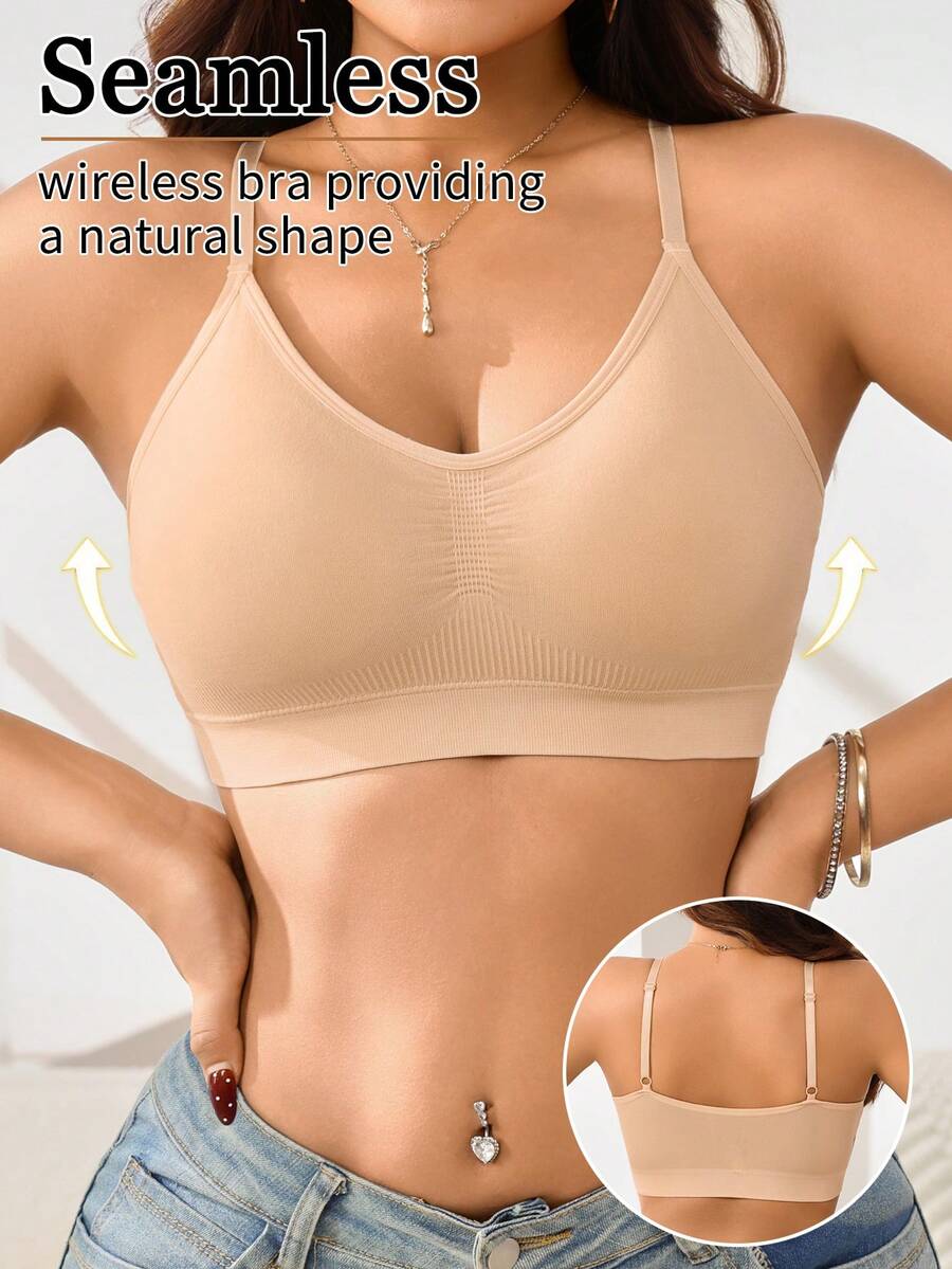 1pc Women's Wireless Sports Bra, Soft & Breathable, Adjustable Spaghetti Straps | Removable Pads | High Elasticity, Strong Support, Suitable For Sports & Daily Wear - Apricot - View 1
