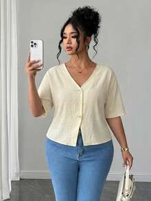 PARARAL Ropa Casual de Verano para Mujer Talla Grande - Top de Manga Corta con Tela Texturizada Estilo Vacaciones, Top de Verano para Mujer, Ropa de Vacaciones para Mujer, Top Casual para Mujer, Top de unicolor para Mujer - Albaricoque - Ver 5