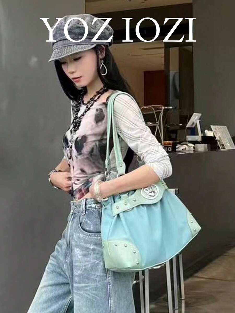 Túi tote in họa tiết báo đốm, túi đeo vai dung tích lớn dành cho học sinh, túi hai mặt có thể gấp gọn, phù hợp cho sinh viên đại học. - Màu xanh Bạc hà - Xem 1