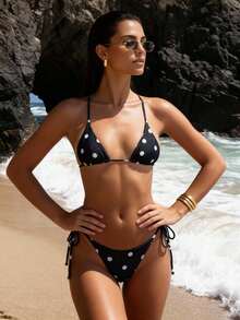 Bộ bikini chấm bi thời trang, áo tắm tam giác gợi cảm với quần lọt khe và dây mảnh, bộ đồ bơi phong cách Bohemian dành cho nữ. - Màu xanh hải quân - Xem 8