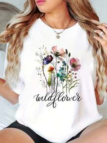 [Camiseta Floral] Camiseta de Cuello Redondo con Estampado Floral para Mujer, Primavera Verano |       Camiseta casual de manga corta - Blanco - Ver 6