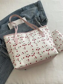 2026 Nuova moda Borsa a tracolla casual da donna con grande capacità, stampa a ciliegie e farfalle con fiocco - Rosa - Visualizzare 9