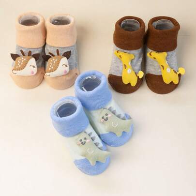 1 Pair Cute 3D Animal Baby Socks, Soft Non-Slip Mid-Calf Socks, Suitable For Newborn Toddler Boys Girls, Giraffe Dinosaur Deer Designs, Fit For 0-12 Months Babies