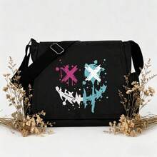 军绿色涂鸦笑脸帆布斜挎包，Abby 风格图案印花大容量学生/通勤信使包 - 彩色 - 查看 1