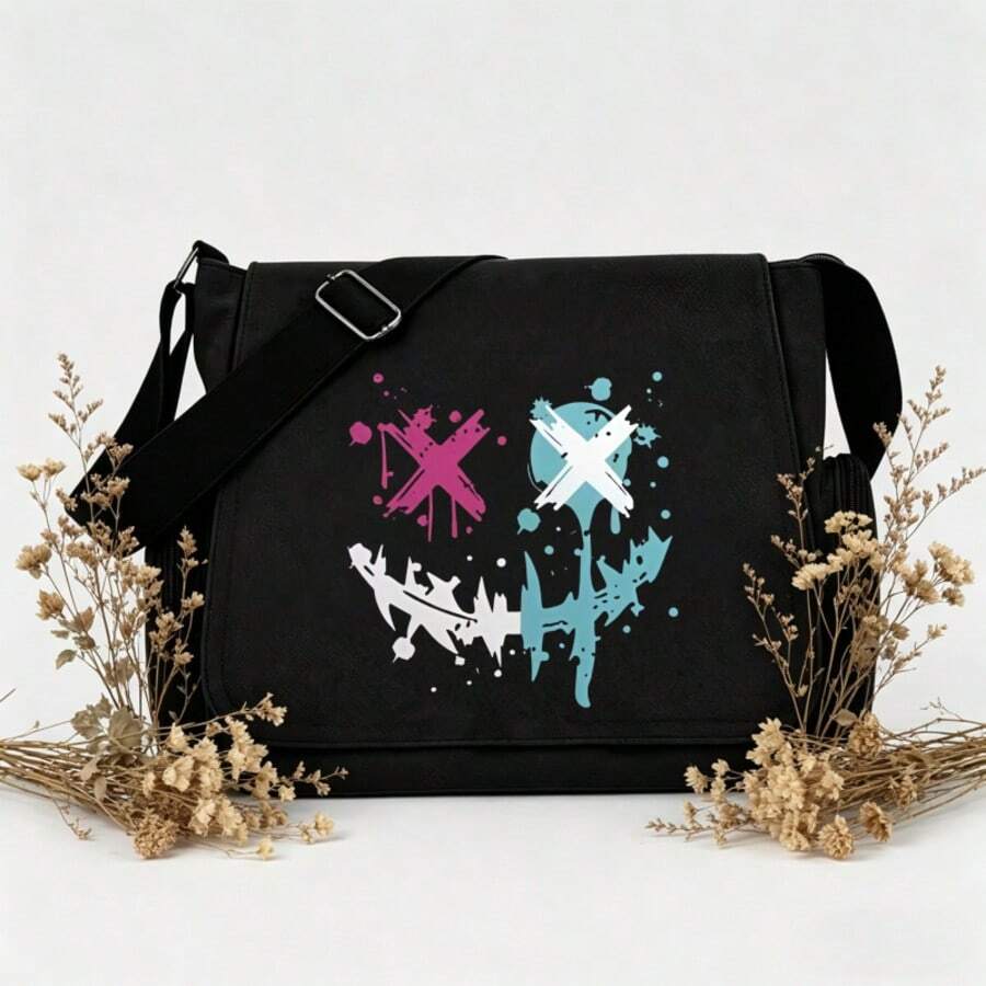 军绿色涂鸦笑脸帆布斜挎包，Abby 风格图案印花大容量学生/通勤信使包 - 彩色 - 查看 1