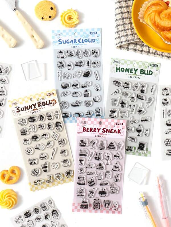 Transparent Silicone Stamp, Black & White Dessert & Food Pattern Stamps, DIY Scrapbooking Magazine Decor, Baking & Coffee Themed Craft Stamps Stickers Sticker Scrapbook Supplies