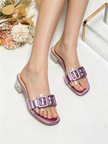 European And American Style Purple Metal Square Buckle Transparent Strap Crystal Chunky Heel Slide Sandals For Women, Summer - Purple - View 7