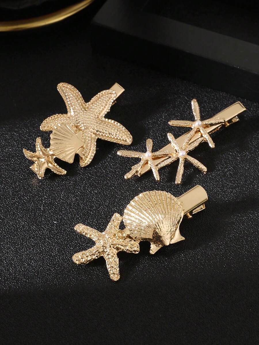3Pcs/1Pc Marine - Style Starfish/Seashell Hair Clip Set, Light Luxury Shiny Style, Daily/Party/Vacation Hairstyle Accessory - Gold - View 1