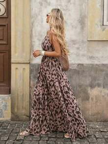 Vestido sin mangas de cuello en V con estampado total para vacaciones de verano de mujer - Rosa - Ver 4