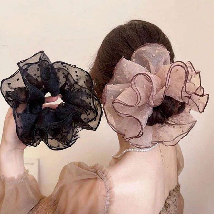 2pcs Women's Elegant French Polka Dot Scrunchies, Suitable For Daily Use, Home, School, Beach, Office, Party, Holiday, Birthday, Back To School, New Year, Valentine's Day, Mother's Day, Christmas, Wedding, Music Festival, Graduation, Spring/Summer Ponytail Hair Ties Elastics Rubber Bands - Multicolor - View 1