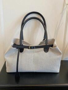 1 pieza Bolso de tela tipo tote color caqui, nuevo diseño con decoración de correa, gran capacidad, patchwork de ante sintético, bolso de hombro para mujer - Negro - Ver 6