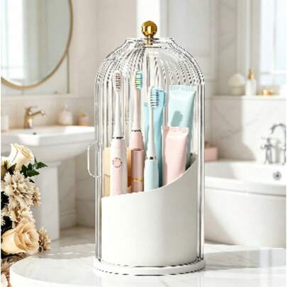Toothbrush Holder With Cover For Bathroom Countertop Rotating Organizer For Toothbrush And Toothpaste 3 Slot Makeup Brush Storage Self Draining White
