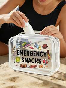 Emergency Snack' Letter Print PVC Cosmetic Bag, Zipper Sealed PVC Travel Organizer Pouch, Lightweight & Durable, Suitable For Women & Girls' Cosmetics & Toiletries, TSA Approved Portable Makeup Case, Easy To Wipe And Clean, Ideal Gift For Mothers, Teachers, Friends And Nurses - 彩色 - 查看 4