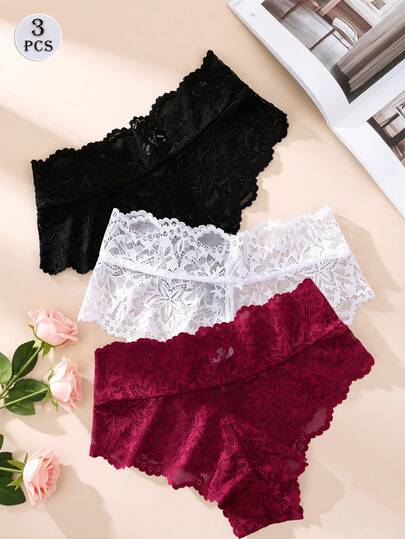 FINETOO 3pcs/Set Women Lace Star Hollow Sexy Thong Panties, Fashionable & Romantic Ladies Underwear, Comfortable Lightweight Fabric, Suitable For Spring & Summer