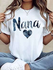 Nana Patchwork Heart Design T Shirt For Grandmother Gift Mother Day Birthday Present Women Casual Wear,220g woman Todo tipo de impresiones, chaqueta, camiseta de cuello redondo, casual, para oficina, para viajar, muy popular, viento deportivo, estampado/patrón, camiseta de algodón 100%, camiseta casual, cómoda, suave, transpirable The latest popular bestseller - Blanco - Ver 1