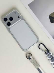 Keychain, Lanyard Gray & White Plaid Woven Detachable Shoulder Strap, Transparent Anti-Fall Full Coverage Phone Case Compatible With IPhone - Light Grey - View 3