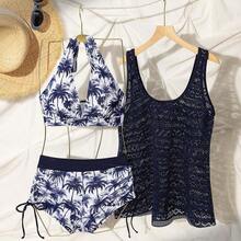 Swim Lushoire Women's 3Pcs Beach Outfit Set, Deep V Coconut Tree Print Shorts Paired With Hollow Out Knit Kimono & Cami Tank Top, Mature Resort Holiday Style, Suitable For New Year, For Summer Beach Vacation - Rosa Fucsia - Ver 4