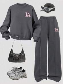 Youth Girl Letter Print Round Neck Long Sleeve Top And Pants Set - Dark Grey - View 1