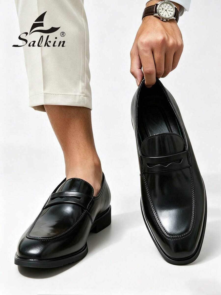 Salkin 奢华复古男士乐福鞋,柔软皮革鞋面,尖头设计,适合正式场合、商务绅士、社交活动、日常办公、派对、婚礼,也适合情侣约会、浪漫晚餐、节日礼物、返校季学生,百搭学院风,四季皆宜。建议选购大一码。 - 黑色 - 查看 1