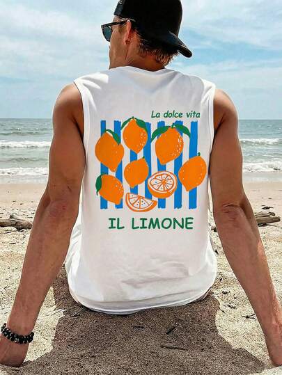Camiseta de tirantes casual y versátil para hombres con estampado de rayas verticales y limones en cuello redondo